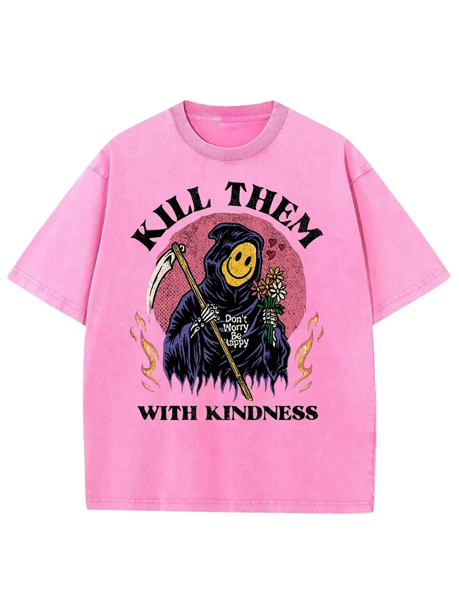 KILL THEM WITH KINDNESS UNISEX OVERSIZED PRINT VINTAGE WASH DENIM T-SHIRT