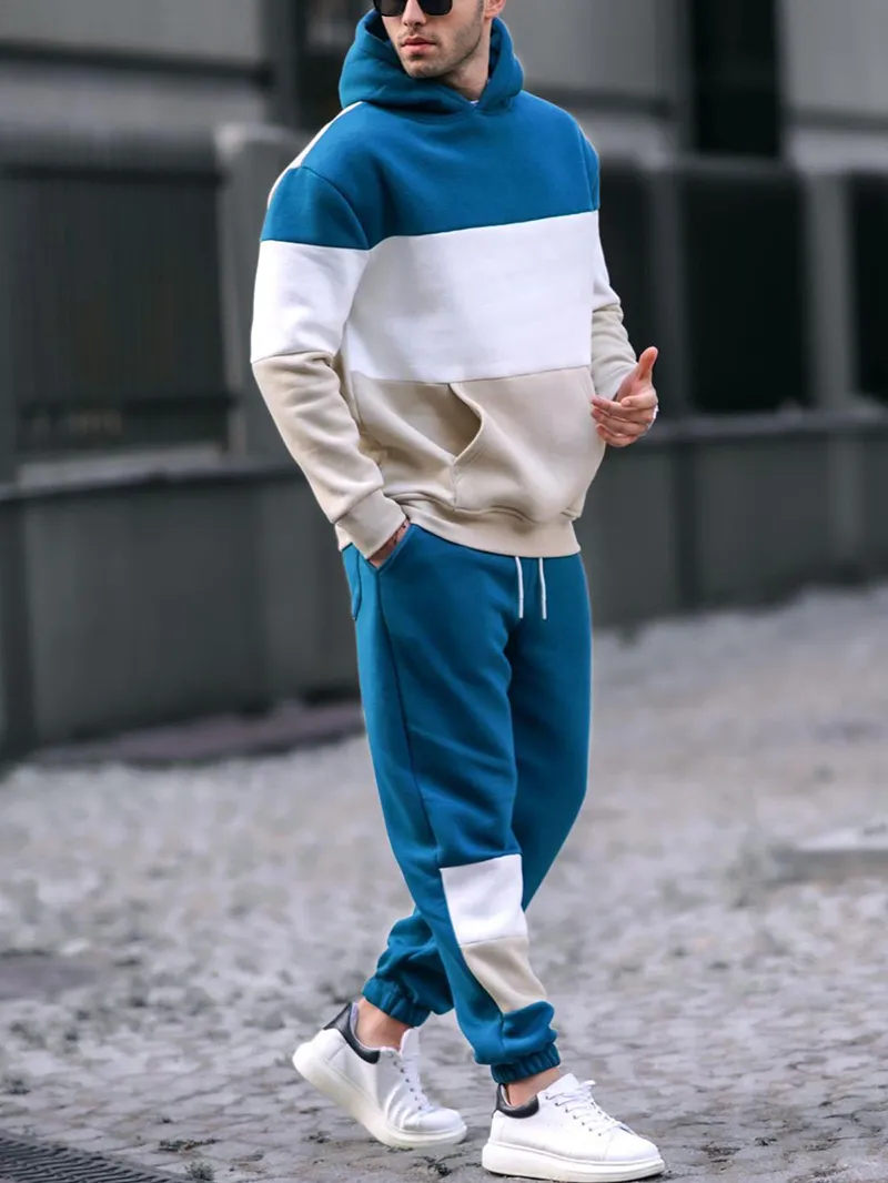 Men's Casual Patchwork Contrasting Sweatshirt Jogging Sportswear Suit