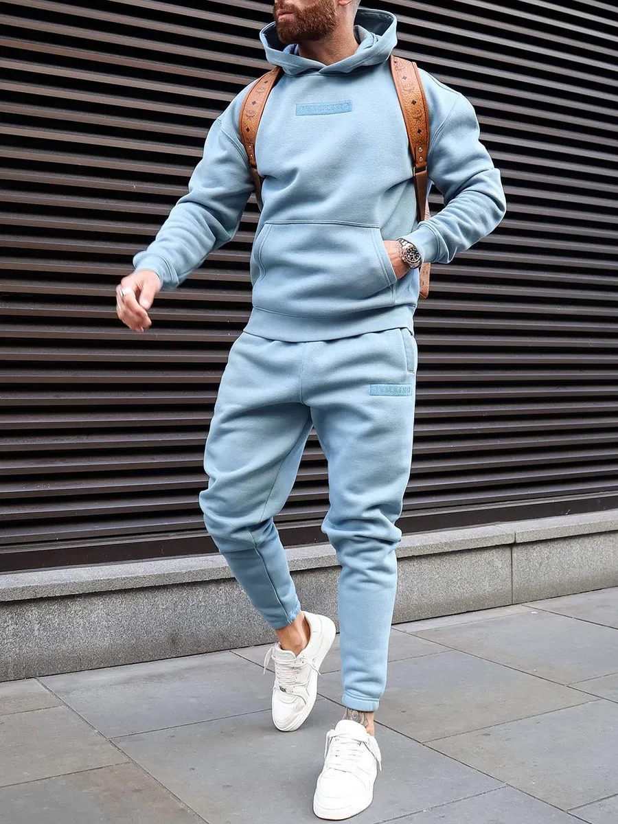 Men's sky blue hooded sweatshirt suit