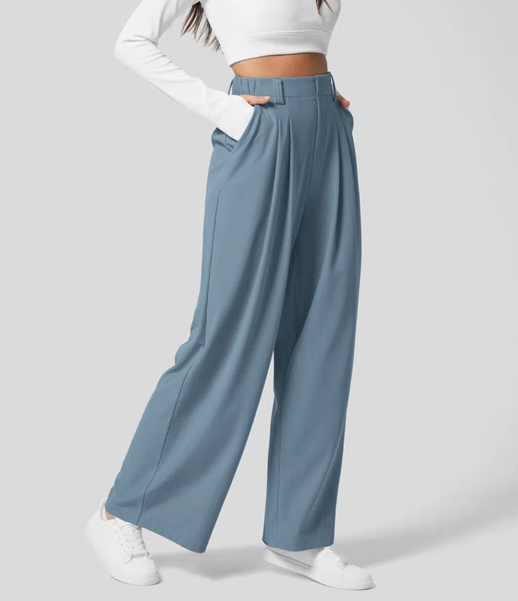 Halara High Waisted Plicated Side Pocket Wide Leg Waffle Casual Pants