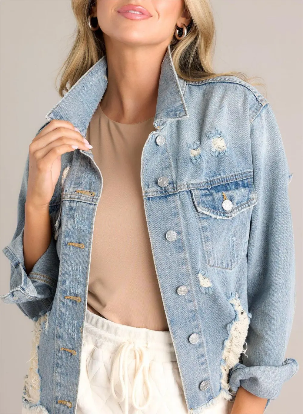 DARING IN THIS MEDIUM WASH DISTRESSED DENIM JACKET