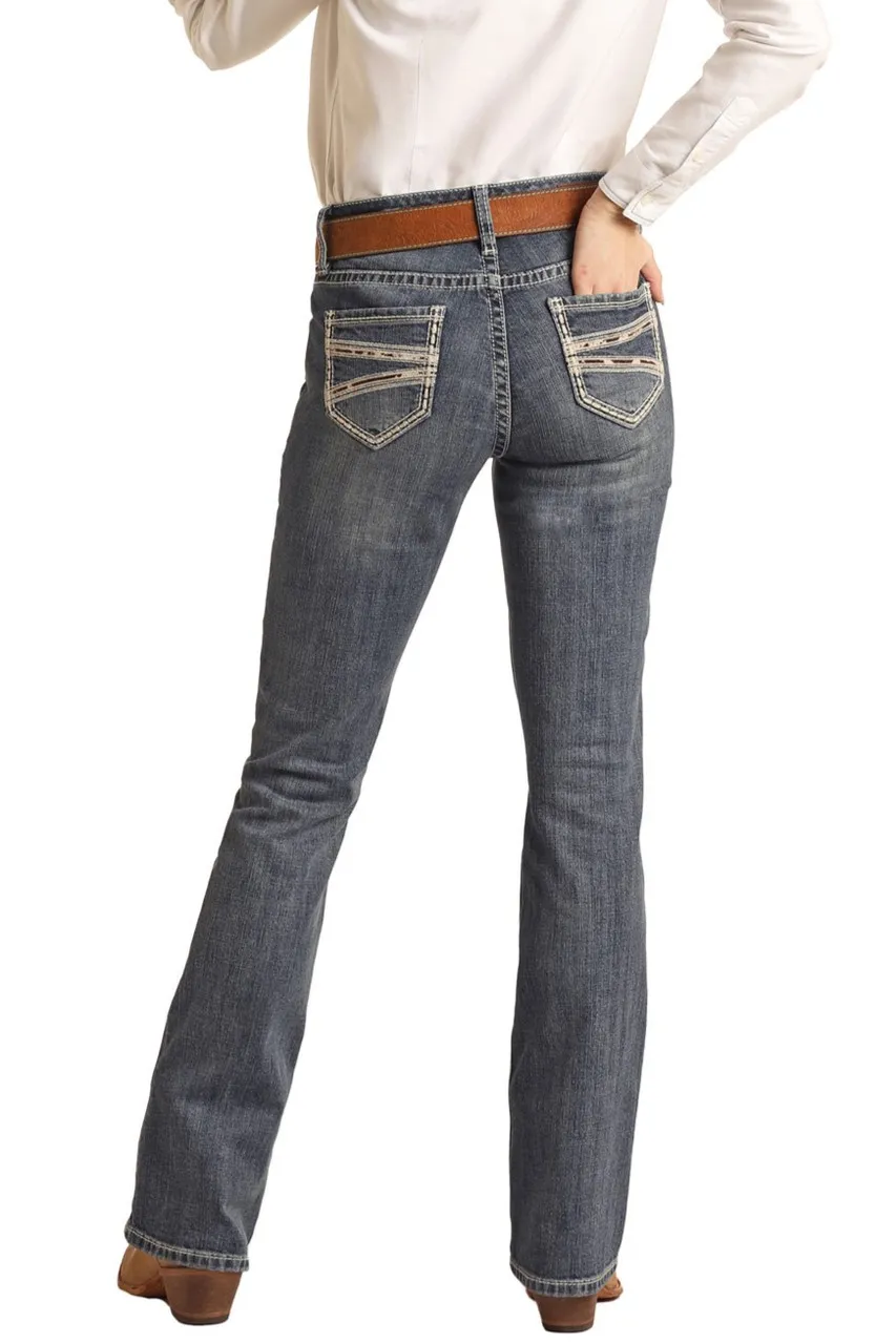 Simple women's mid-waist pocket line design details denim pants