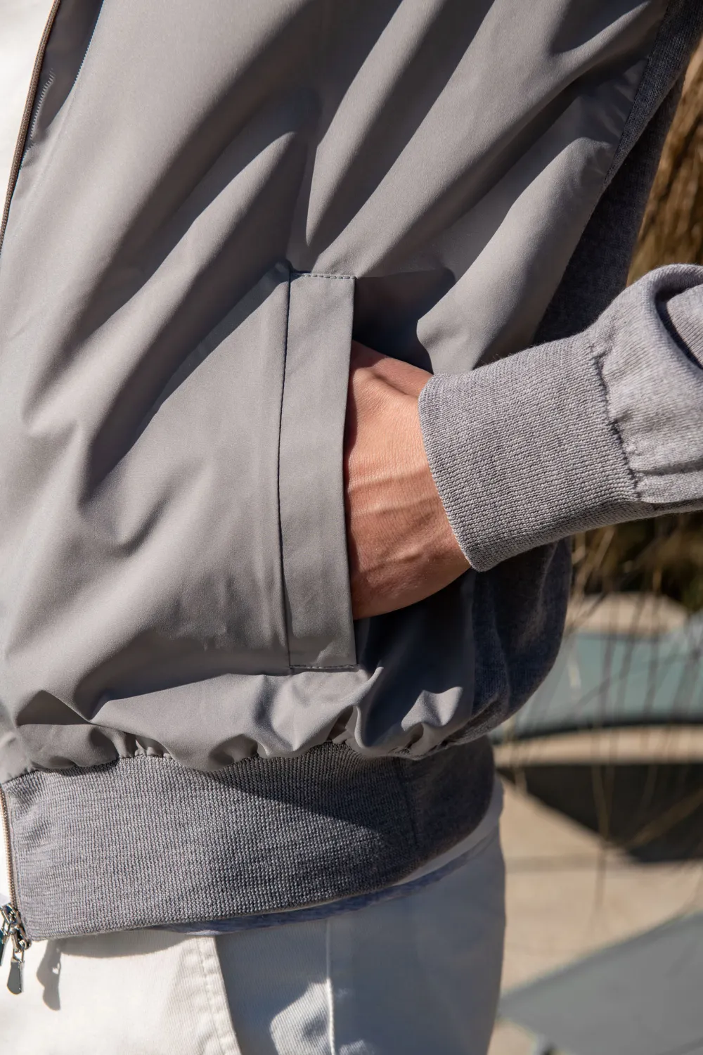 LIGHT GREY KNIT & NYLON BOMBER JACKET