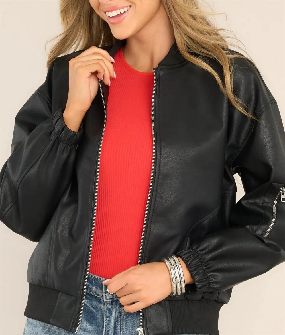 MY LEGACY BLACK FAUX LEATHER BOMBER JACKET