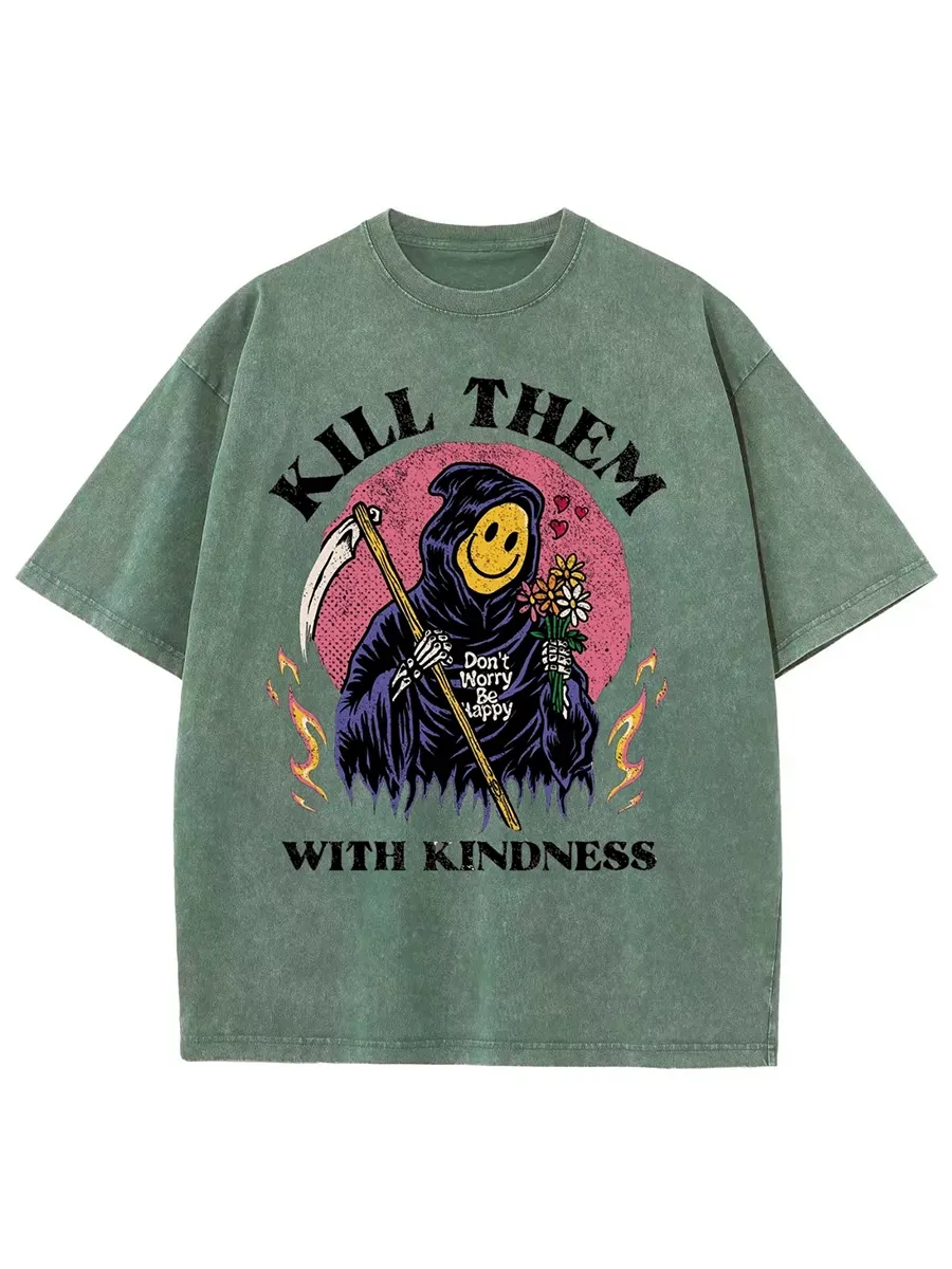 KILL THEM WITH KINDNESS UNISEX OVERSIZED PRINT VINTAGE WASH DENIM T-SHIRT