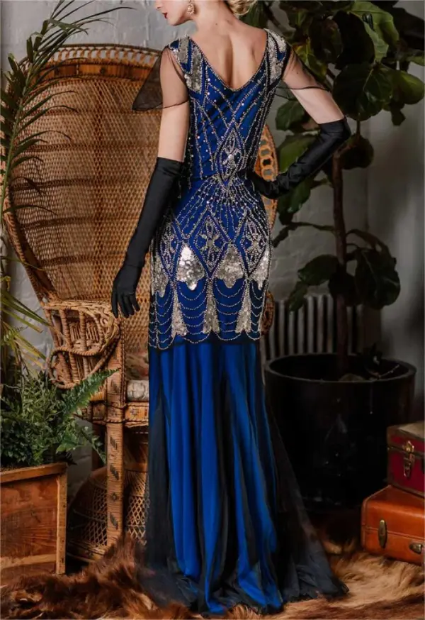 BLUE 1920S SEQUINED MAXI FLAPPER DRESS-US WAREHOUSE