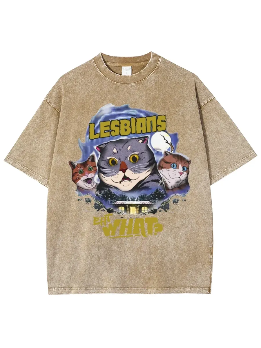 LESBIANS EAT WHAT? UNISEX OVERSIZED PRINT VINTAGE WASH DENIM T-SHIRT