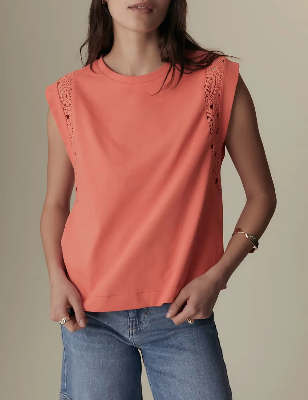 Pure Cotton Lace Insert T-Shirt