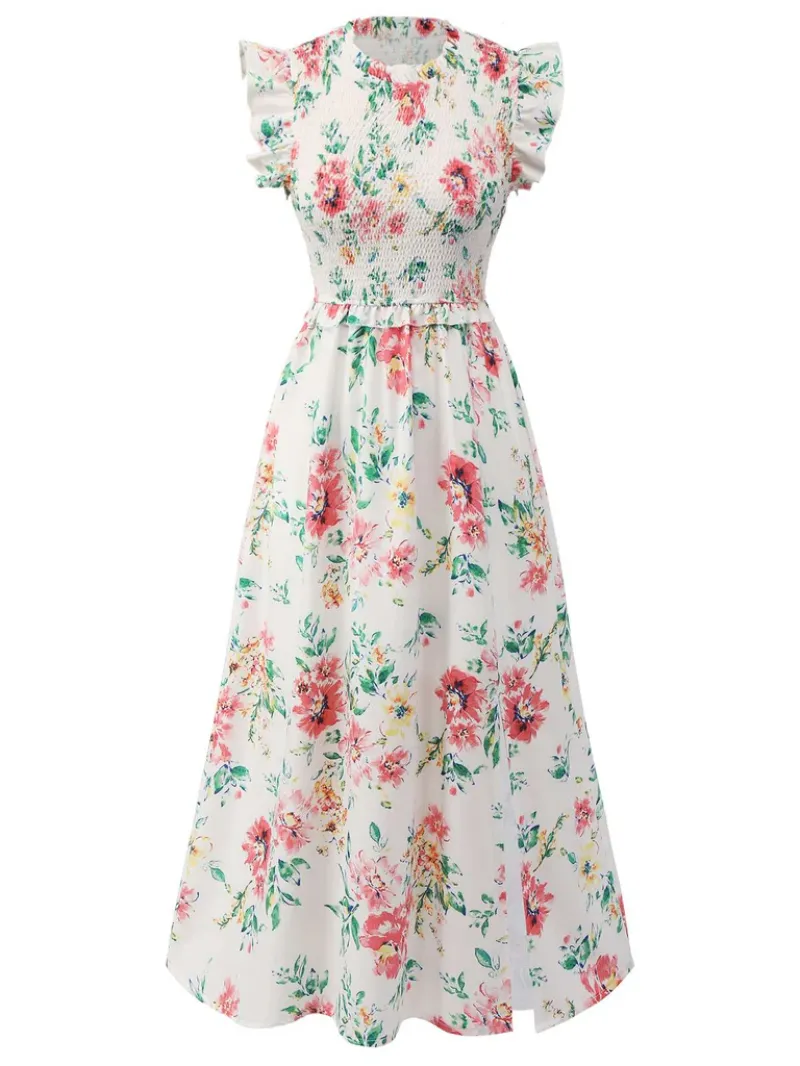 WHITE 1940S SLEEVELESS FLORAL RUFFLES DRESS