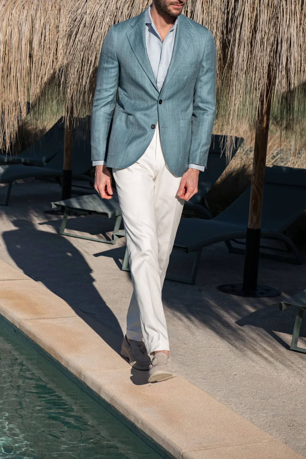 Water Green Herringbone Jacket In Loro Piana Wool Silk And Linen