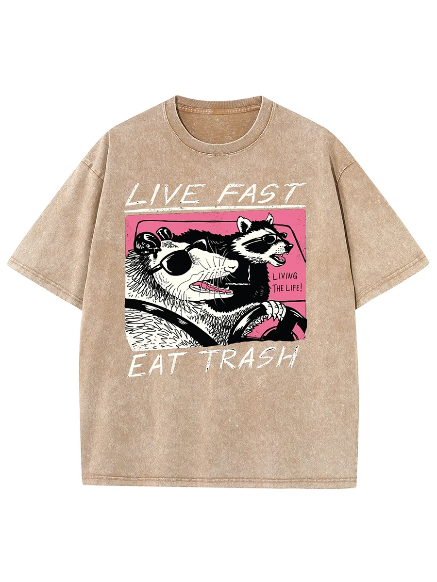 LIVE FAST EAT TRASH UNISEX PRINTED RETRO WASHED SHORT SLEEVED T-SHIRT