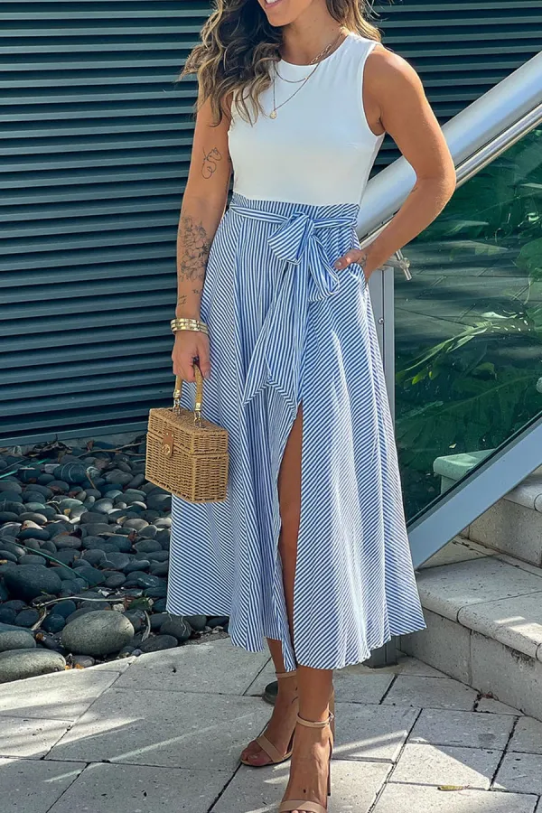 Blue Striped Midi Dress With Slit