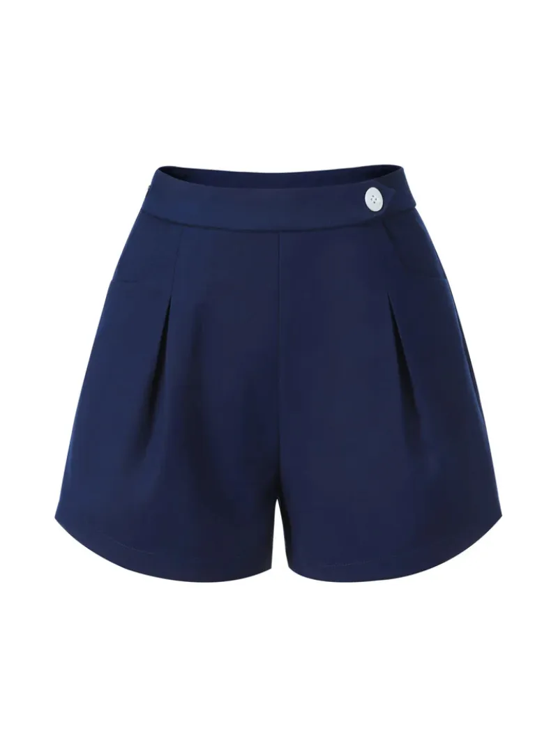 NAVY BLUE 1950S SOLID BUTTON SHORTS