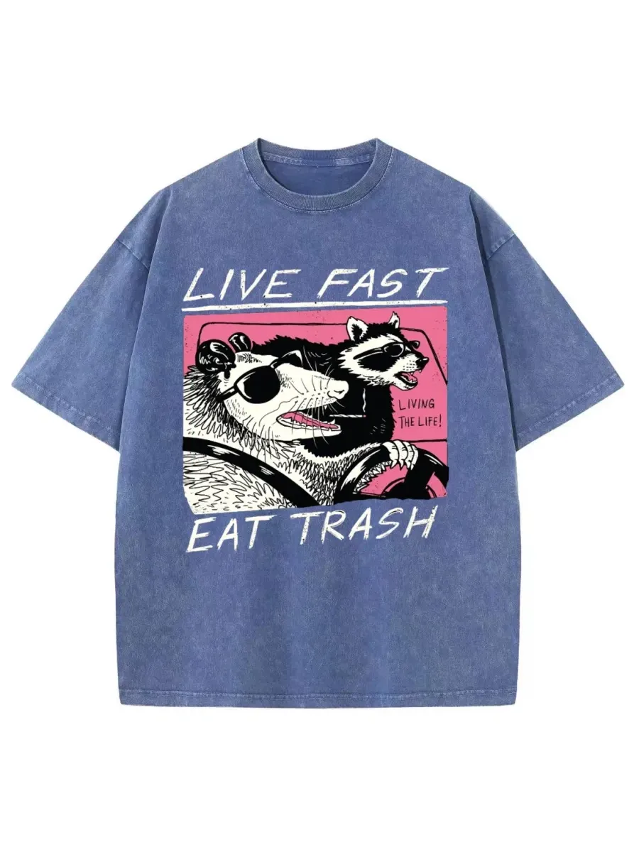 LIVE FAST EAT TRASH UNISEX PRINTED RETRO WASHED SHORT SLEEVED T-SHIRT