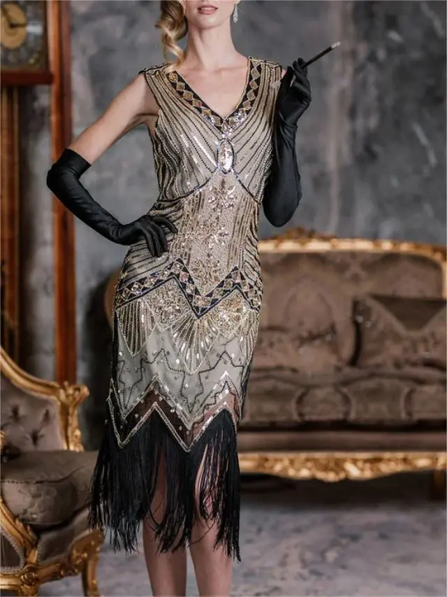 CHAMPAGNE 1920S SEQUINED FLAPPER DRESS