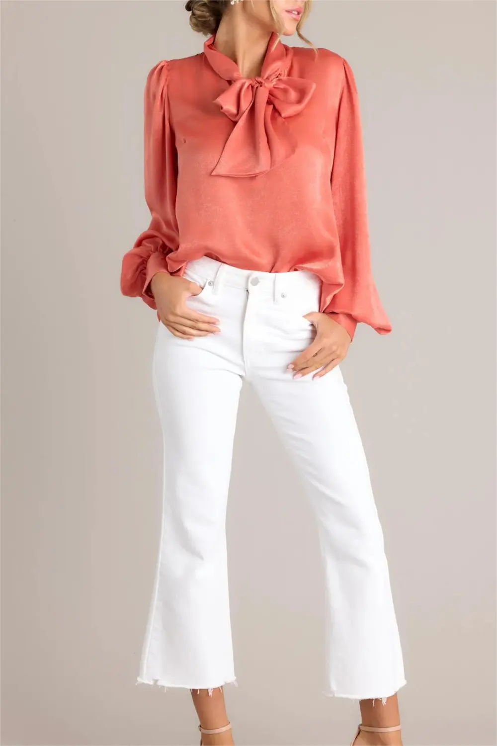 I'M IN CHARGE PINK CORAL TIE NECK TOP