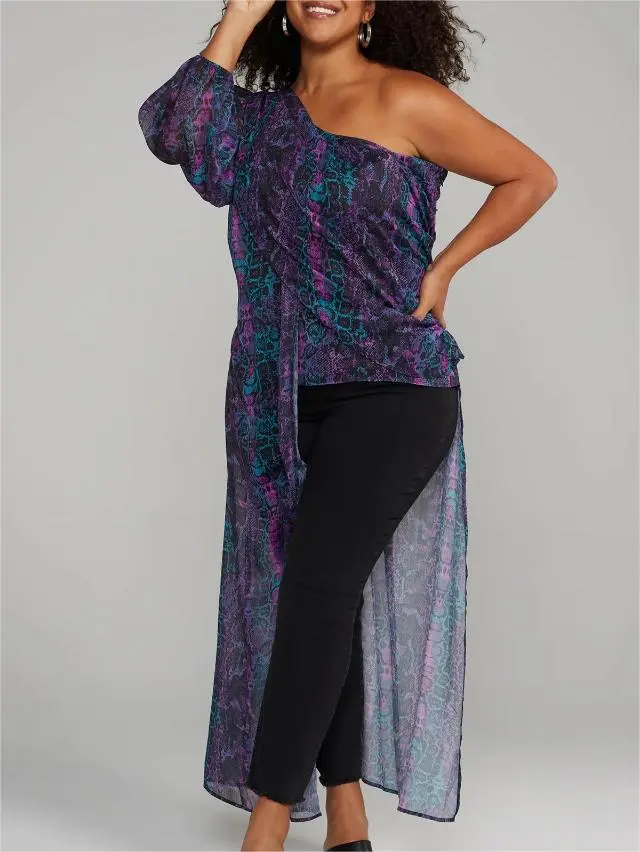 One Shoulder Hi-Lo Snake Print Blouse