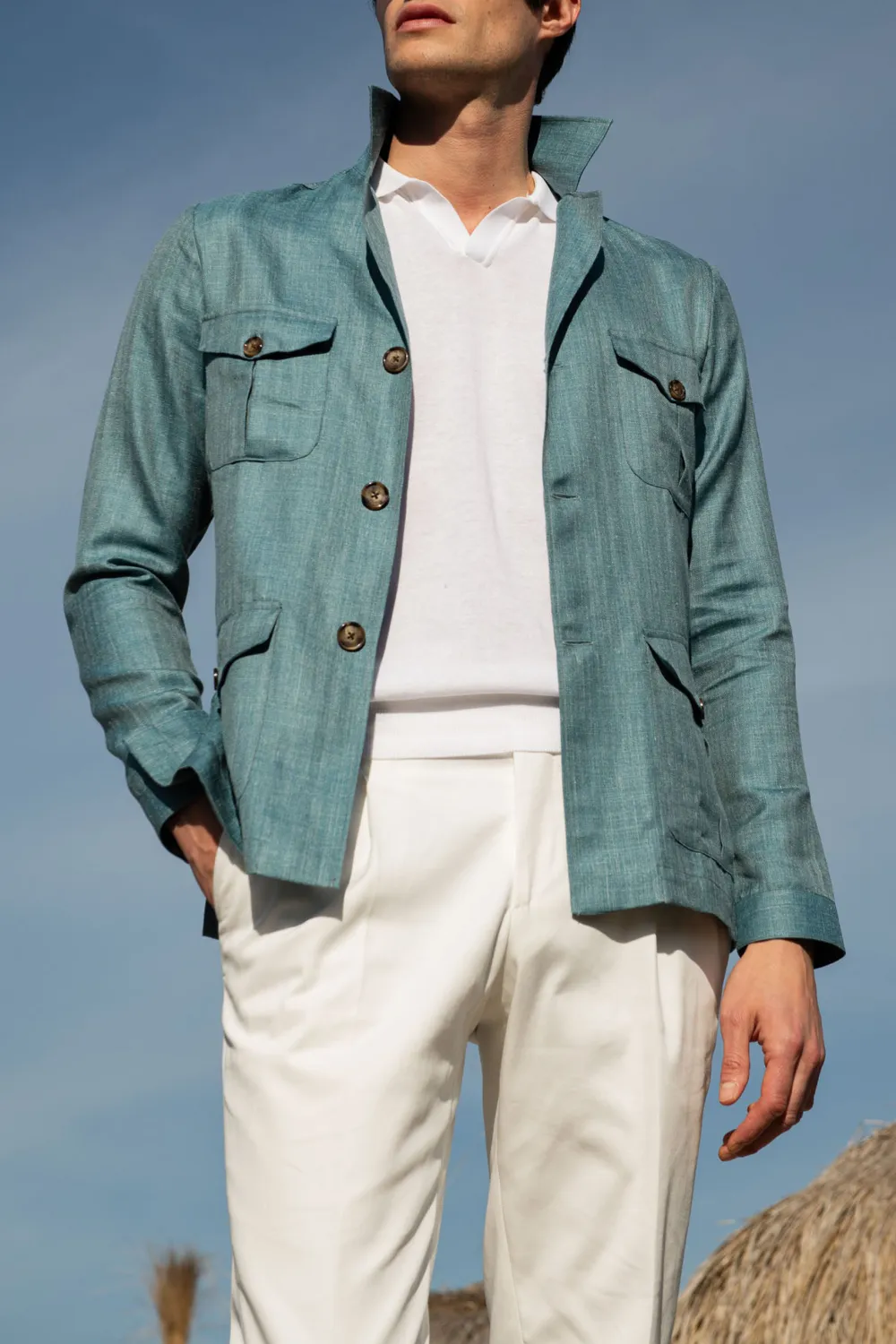 Water green Safari Jacket in Loro Piana wool silk and linen