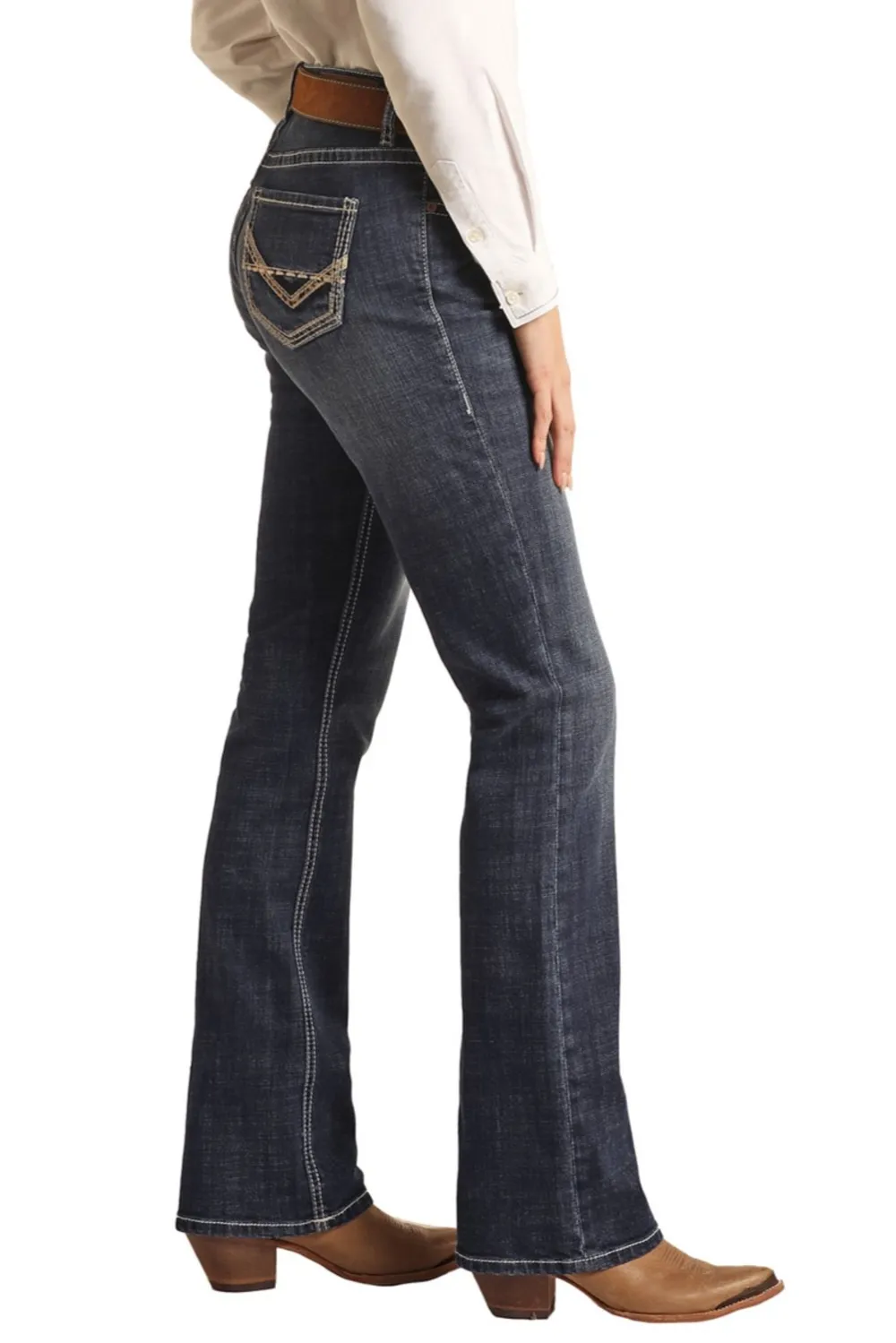 Simple women's mid-waist pocket line design details denim pants