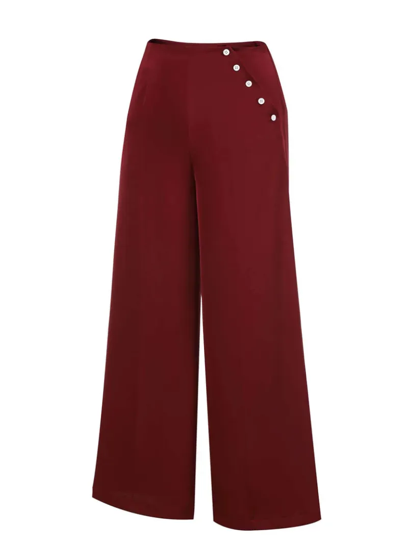 RED 1950S BURGUNDY BUTTON WIDE LEG PANTS