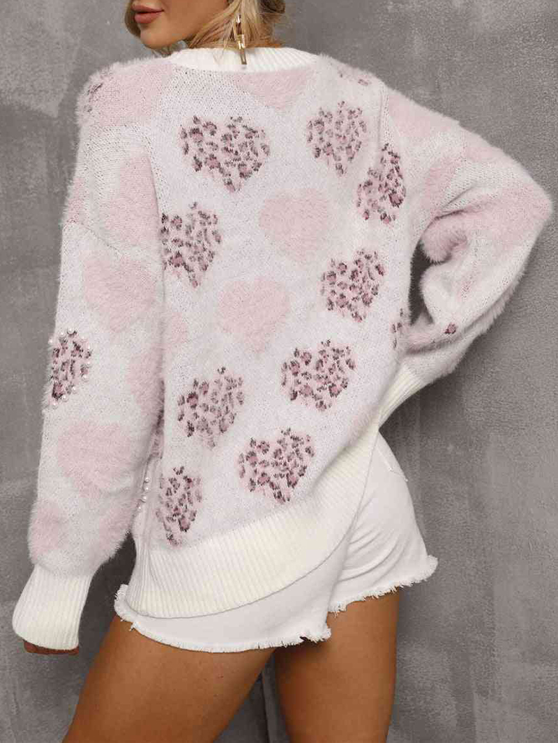 Heart Pattern Round Neck Long Sleeve Sweater