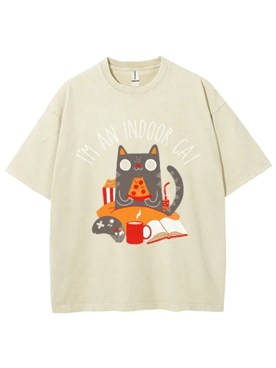 INDOOR CAT UNISEX VINTAGE SOLID WASH DENIM T-SHIRTS