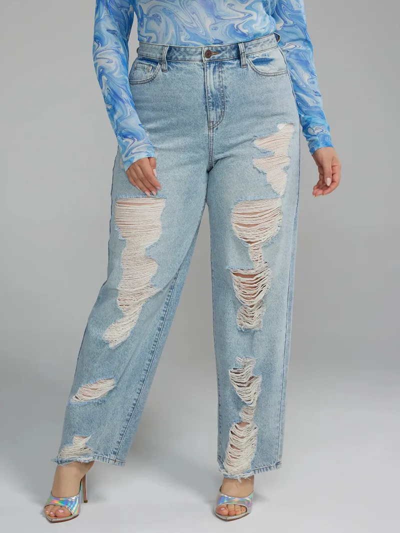 High Rise Straight Leg Destructed Jeans