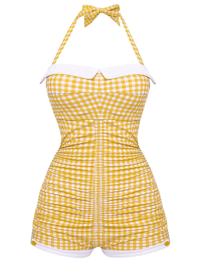 CHECKED 1950S HALTER BOWKNOT ONE-PIECE SWIMSUIT