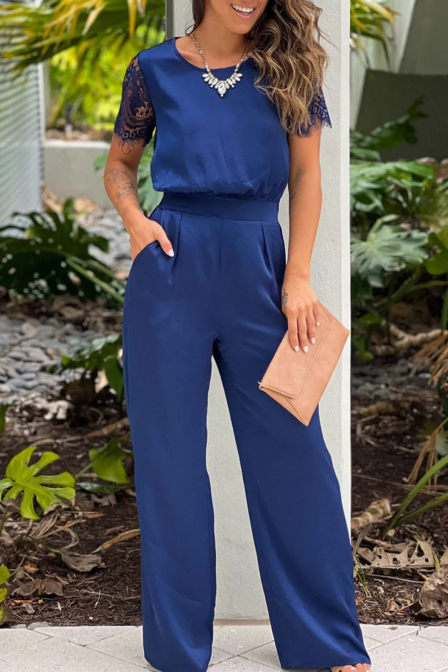 Navy Jumpsuit With Lace Back And Sleeves