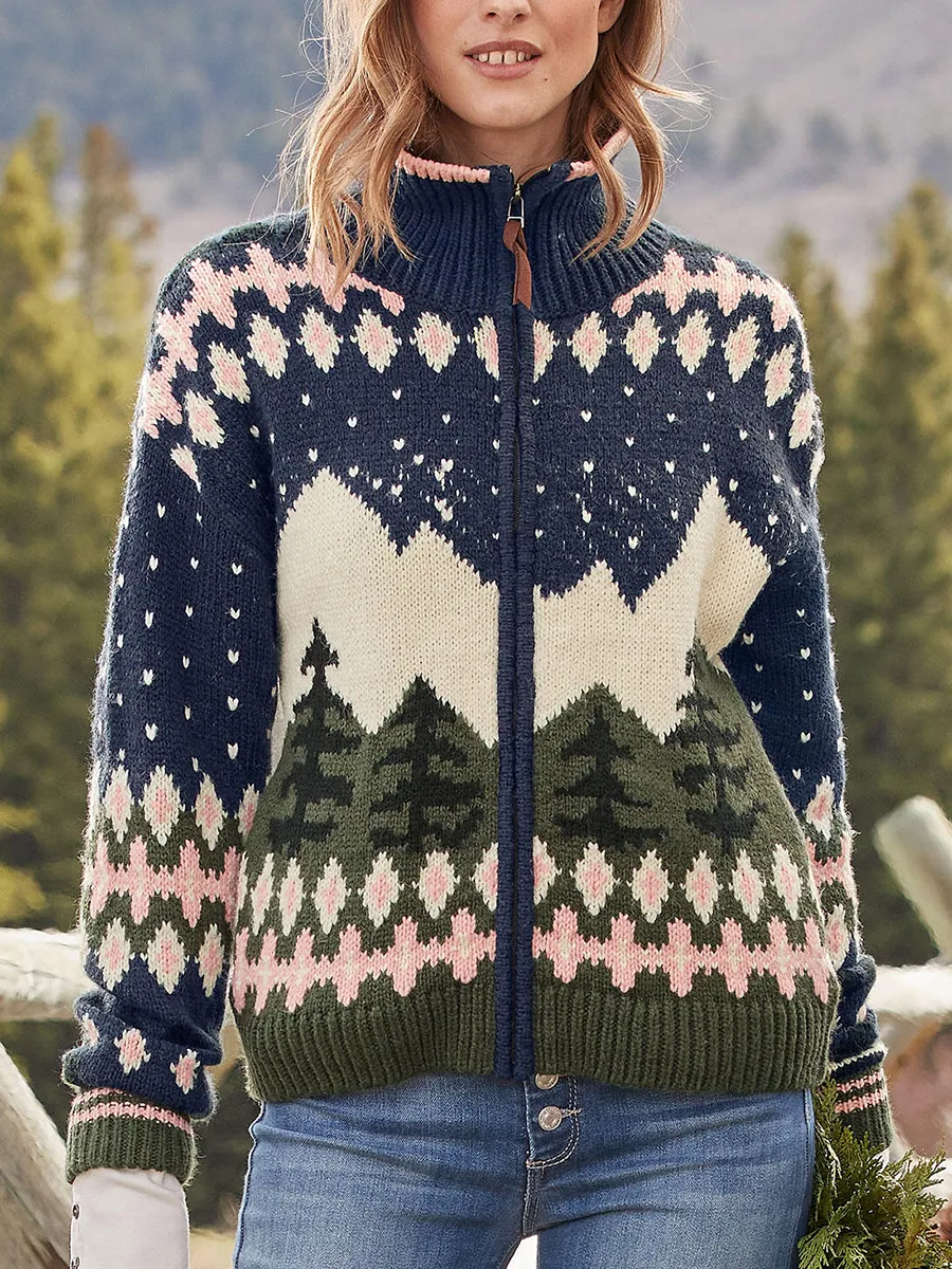 Casual ski print zipper knitted cardigan