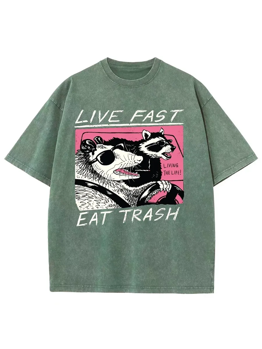 LIVE FAST EAT TRASH UNISEX PRINTED RETRO WASHED SHORT SLEEVED T-SHIRT