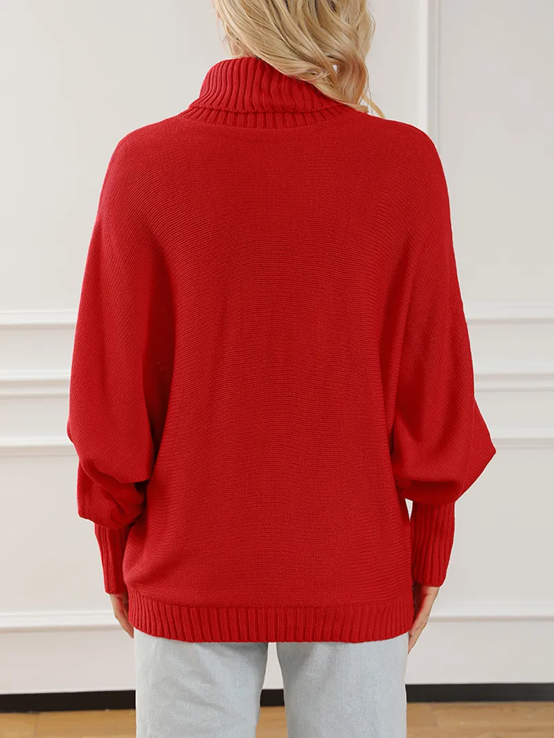 Fiery Red Merry Letter Embroidered High Neck Sweater