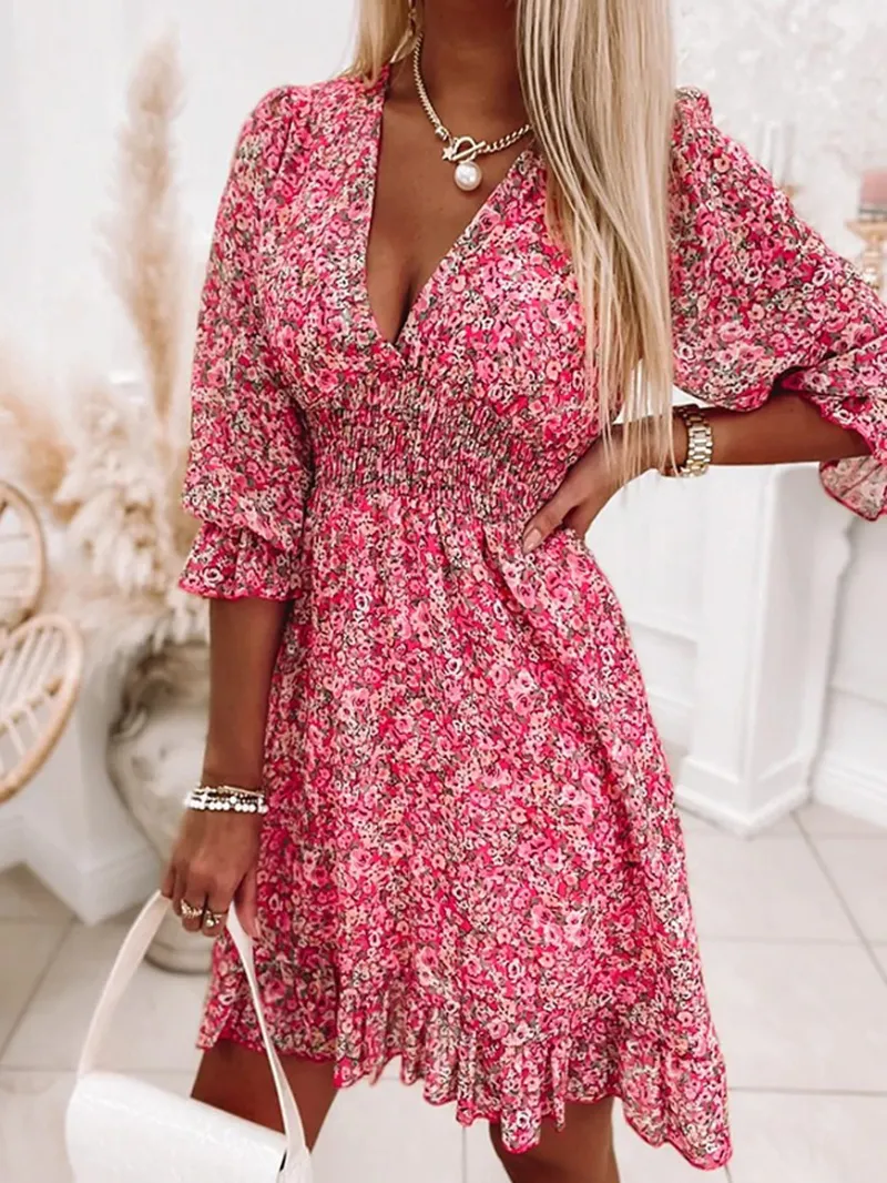 Casual printed V-neck mini dress