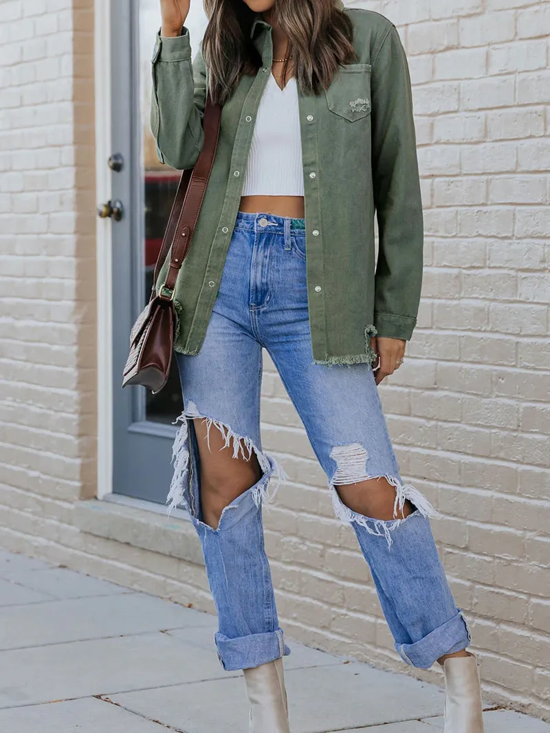 Casual solid color long sleeve denim jacket