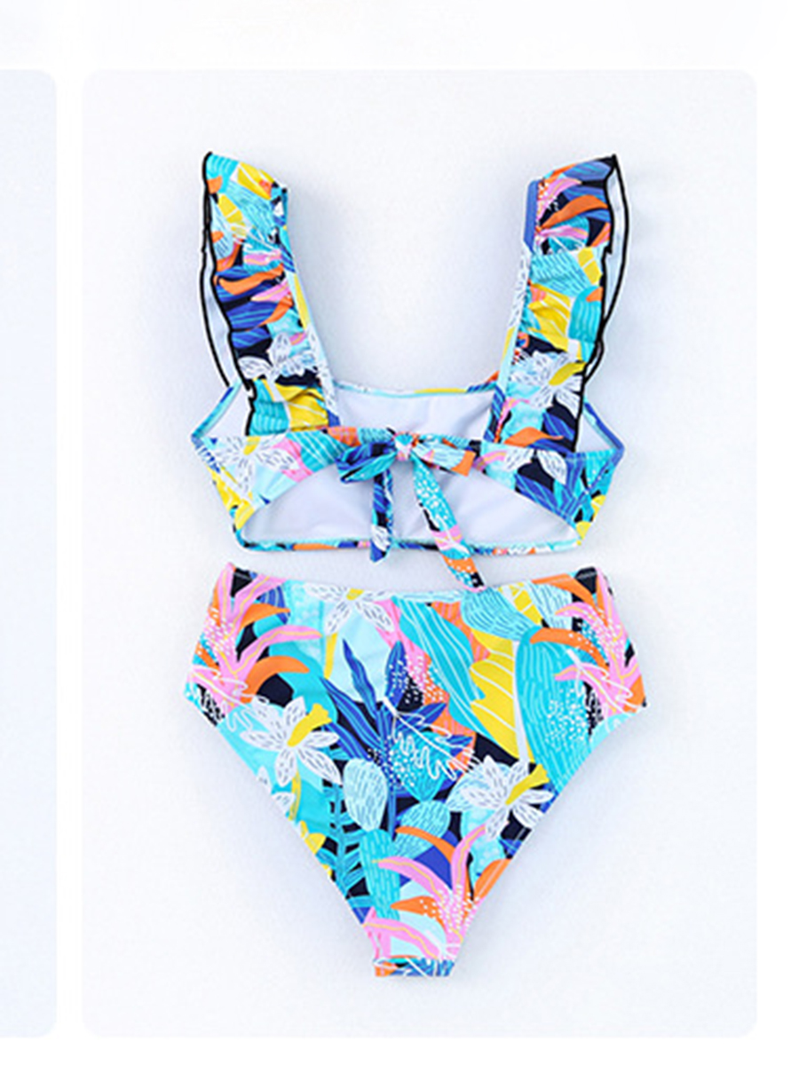 Printed Ruffled High Waist Tied Bikini Suit