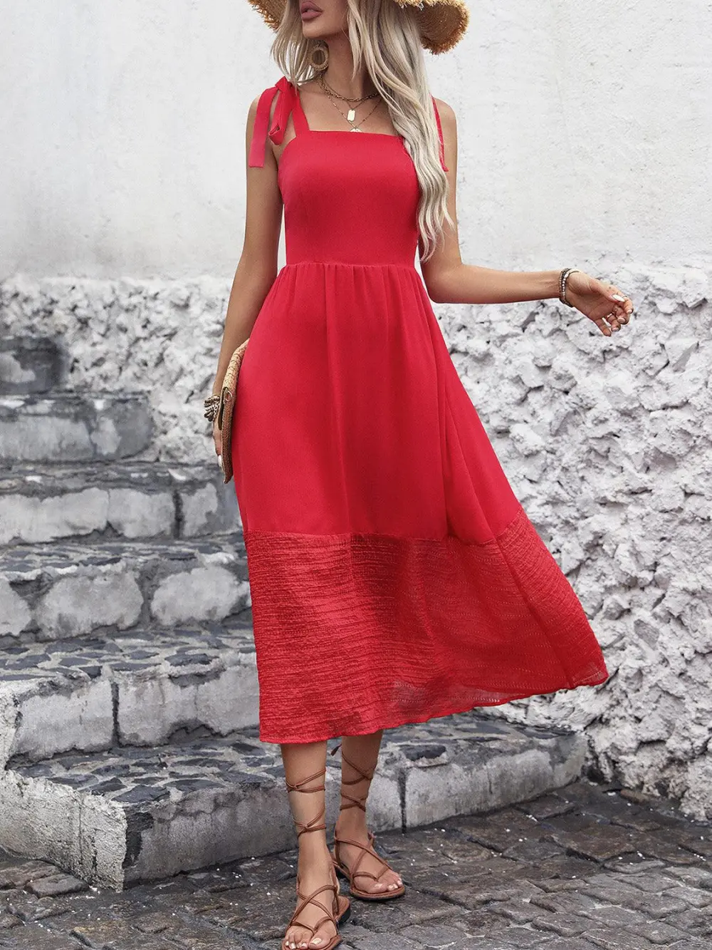 Perfee Tied Smocked Sleeveless Midi Dress