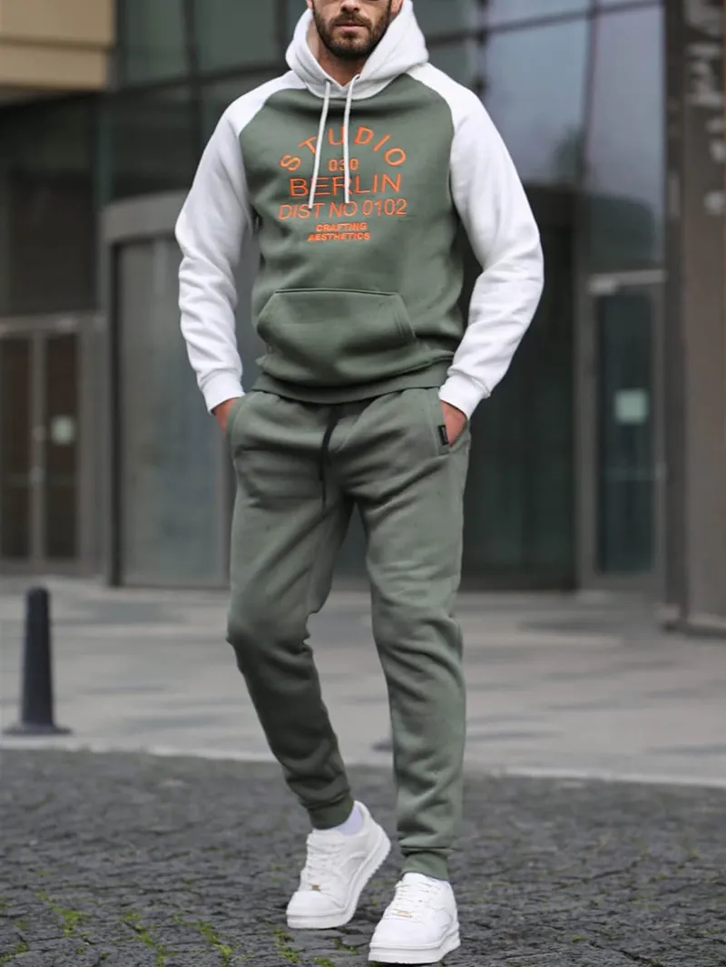 Men's Casual Patchwork Contrasting Sweatshirt Jogging Sportswear Suit