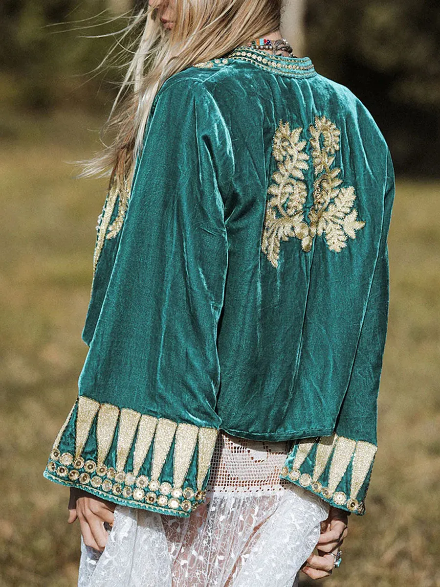 Women's Casual Embroidered Velvet Cardigan