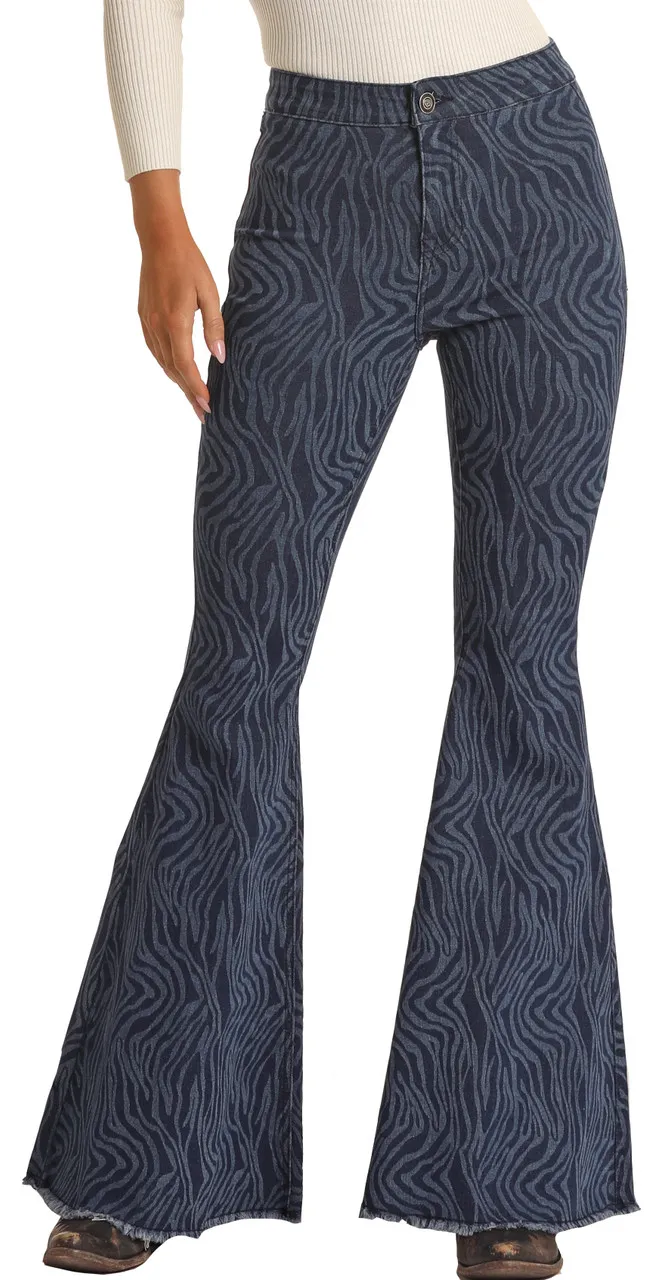 High Rise Stretch Zebra Print Bell Bottom Jeans