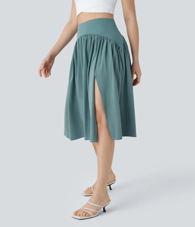 High Waisted Plicated Split Flowy Quick Dry Midi Resort Skirt