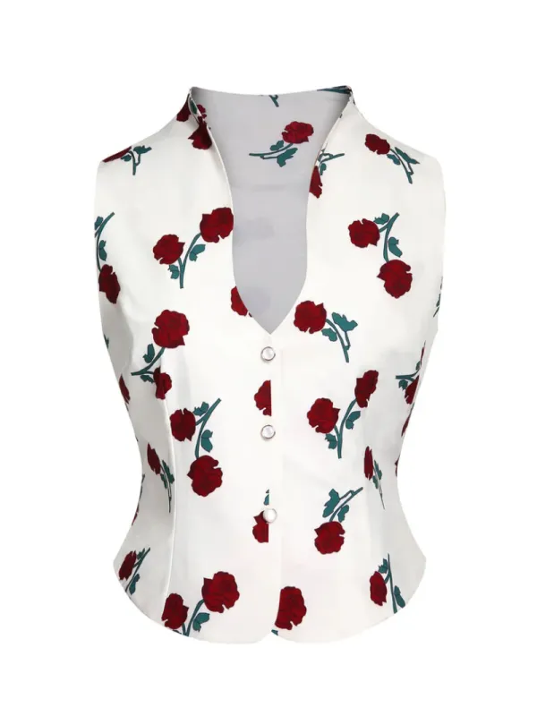 WHITE 1950S ROSES VINTAGE SLEEVELESS TOP