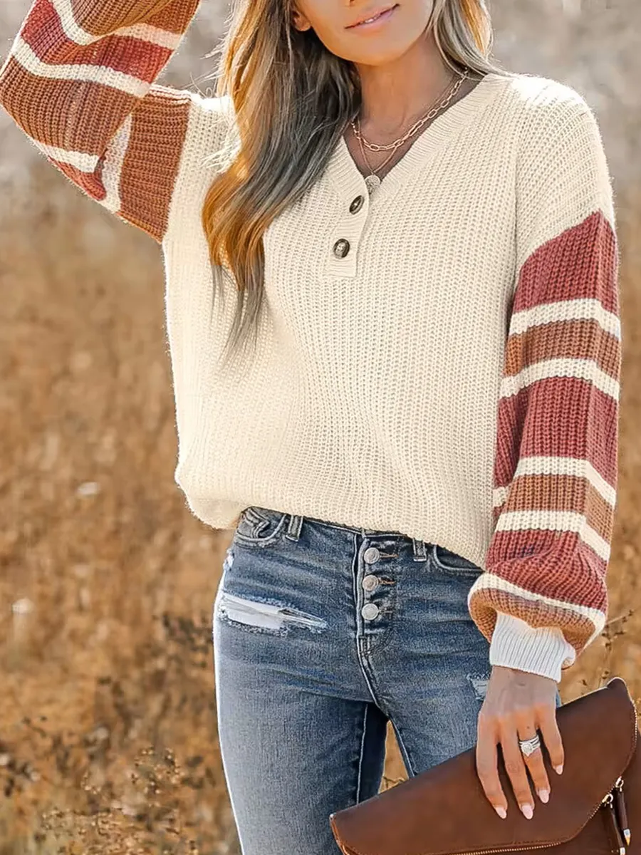 V-neck button-down striped sweater