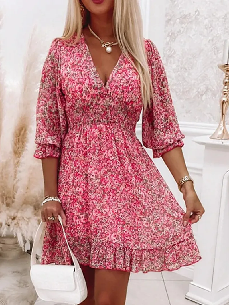 Casual printed V-neck mini dress