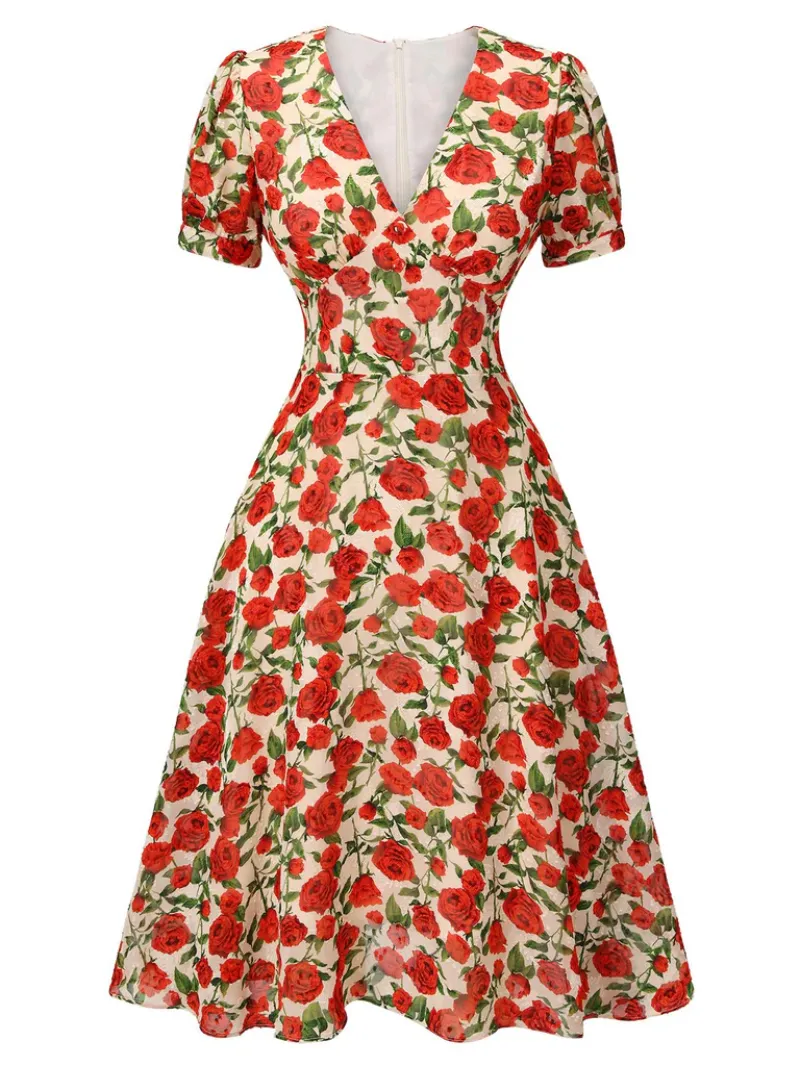 RED 1940S ROSE V-NECK SWING DRESS