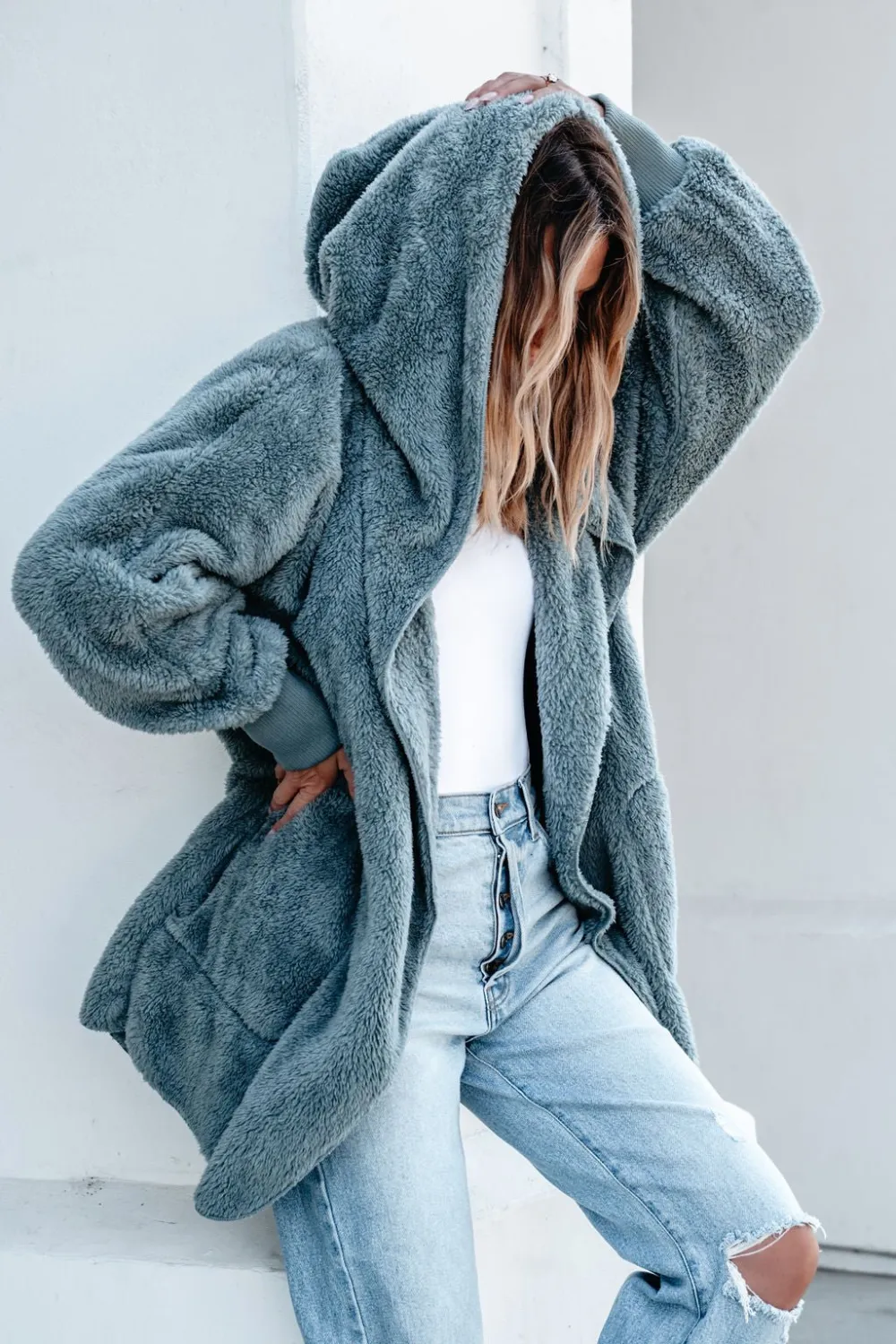 Teddy Fleece Hooded Cardigan - Blue Grey