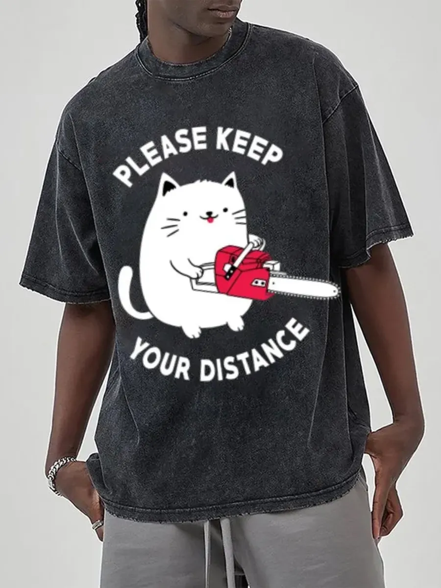 PLEASE KEEP YOUR DISTANCE UNISEX PRINTED RETRO WASHED SHORT SLEEVED T-SHIRT