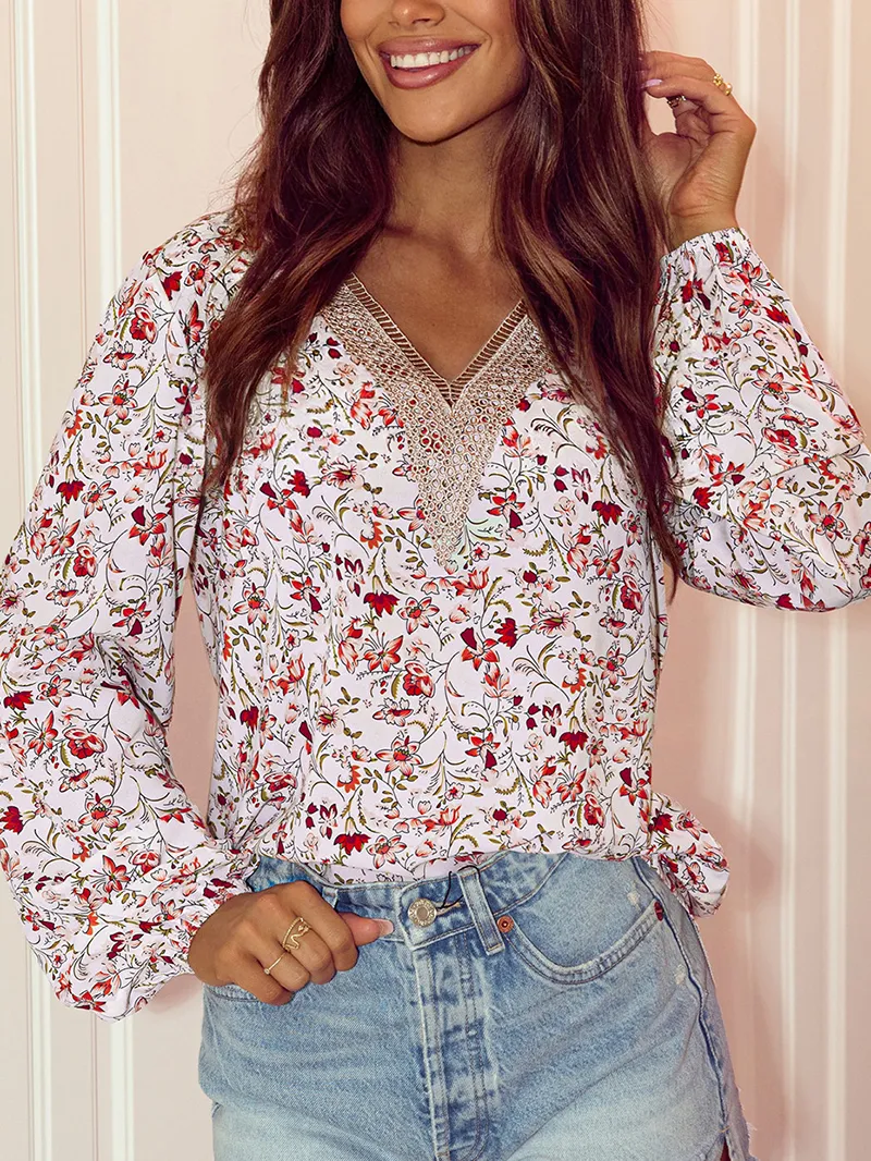 FLORAL LACE V NECK SHIFT CASUAL BLOUSE