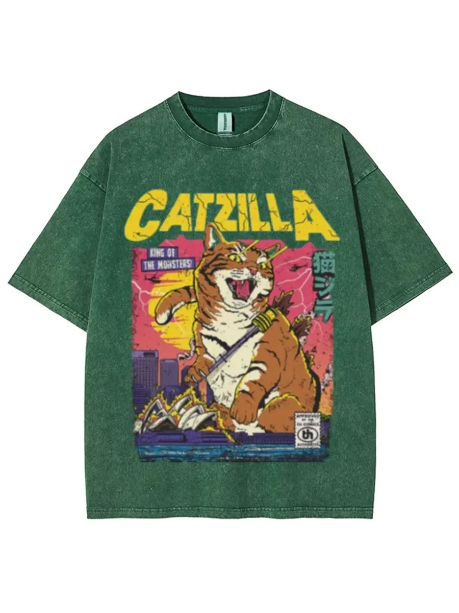 CATZILLA RETRO TITAN UNISEX VINTAGE SOLID WASH DENIM T-SHIRTS