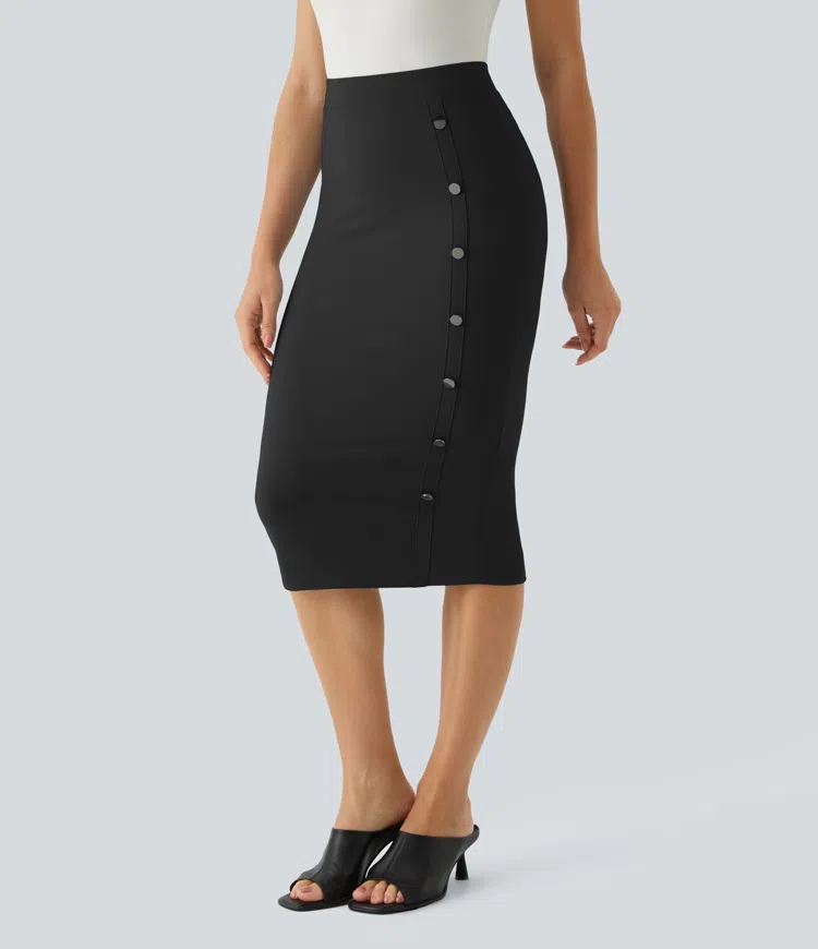 Airy High Waisted Decorative Button Split Bodycon Cool Touch Midi Casual Skirt-UPF50+
