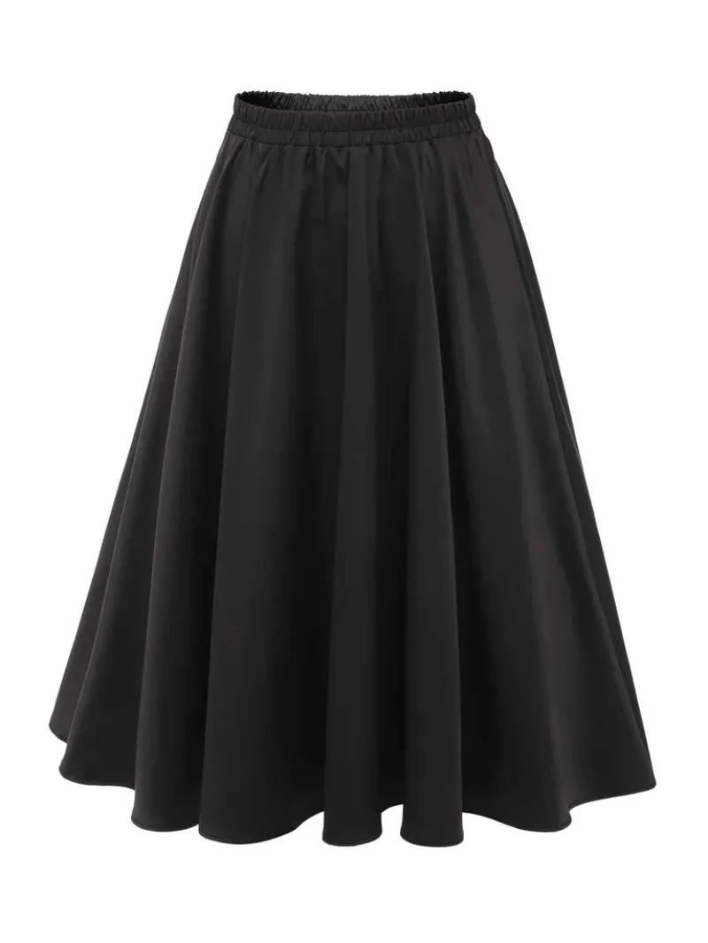 BLACK 1950S SOLID ELASTIC WAIST PLEATED SKIRT